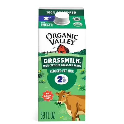 Displays the core product packaging to communicate the brand, product type, organic certification, grass-fed sourcing, and reduced fat content to help shoppers identify and select this specific milk…