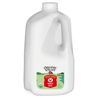 Displays the core product clearly on a white background to show shoppers exactly what they will receive - a one-gallon container of Organic Valley whole milk with visible branding and product details.