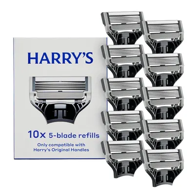 Shows the complete set of 10 razor blade refills alongside the retail packaging to communicate quantity and value to the shopper. Displays the Harry's branded packaging with clear product…