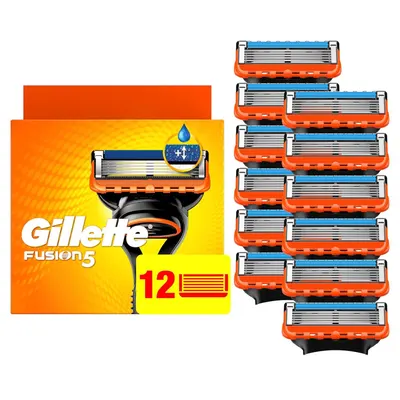 Shows the Gillette Fusion5 razor cartridges and packaging to communicate the product identity, quantity, and what the shopper will receive. Displays the official Gillette Fusion5 retail packaging to…