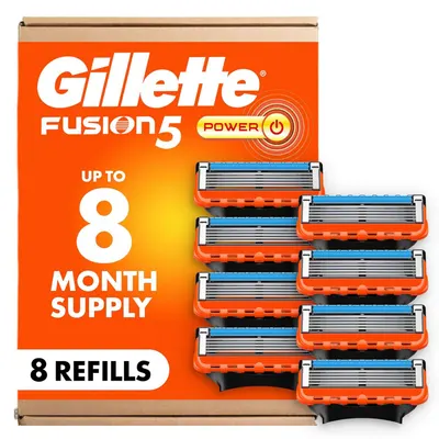 Shows the core product—Gillette Fusion5 Power razor blade refills—clearly displayed with packaging to communicate the quantity (8 refills) and value proposition (8-month supply). Displays the retail…