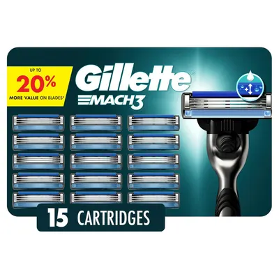 Shows the core product - Gillette Mach3 razor cartridges in a 15-pack bundle - clearly displaying what the shopper will receive. Highlights a promotional value message with a yellow discount badge…