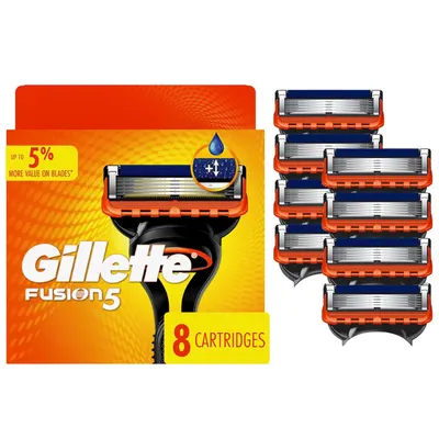 Shows the core product—8 Gillette Fusion5 razor cartridges—clearly displayed with packaging to communicate what the shopper is purchasing. Displays the retail packaging with brand identity, product…