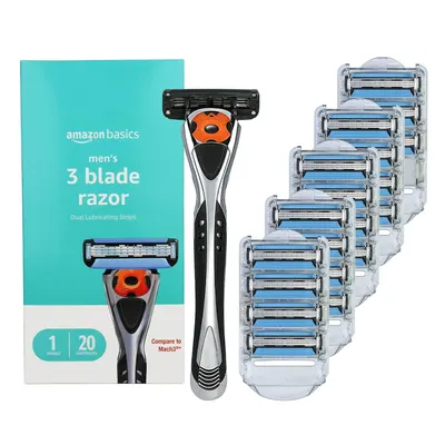 Shows the complete razor system including one handle and a large stack of 20 replacement cartridges to communicate value and long-term supply. Displays the Amazon Basics branded retail packaging to…