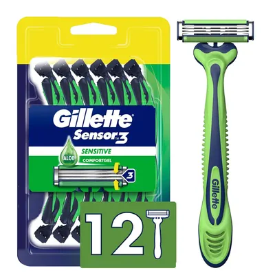 Shows the core product—a 12-pack of Gillette Sensor3 Sensitive razors with aloe comfort gel—clearly displayed in retail packaging alongside an individual razor to communicate what the shopper will…