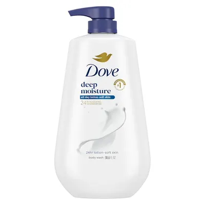 Displays the core product clearly on a white background to show the Dove body wash bottle, its pump dispenser, branding, and key product claims like deep moisture and 24-hour renewing micromoisture.…