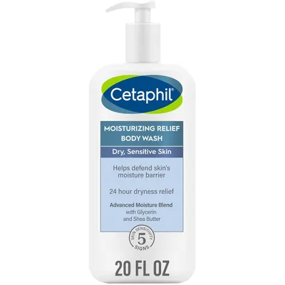 Displays the core product clearly on a white background to show the Cetaphil body wash bottle with pump dispenser, allowing shoppers to see the product packaging, branding, and key benefits like…