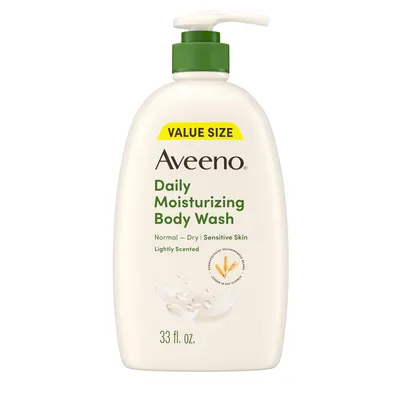 Displays the Aveeno Daily Moisturizing Body Wash in its value size packaging, clearly showing the product name, key benefits for sensitive skin, and the pump dispenser format to help shoppers…