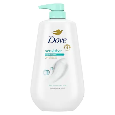 Displays the Dove Sensitive body wash bottle clearly on a white background to show the product packaging, branding, and key benefits like hypoallergenic formula and 24-hour moisture for sensitive…