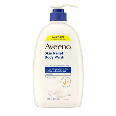 Displays the Aveeno Skin Relief Body Wash bottle clearly on a white background to show the product packaging, size, and key benefits for dry and sensitive skin. Shows the retail packaging with pump…