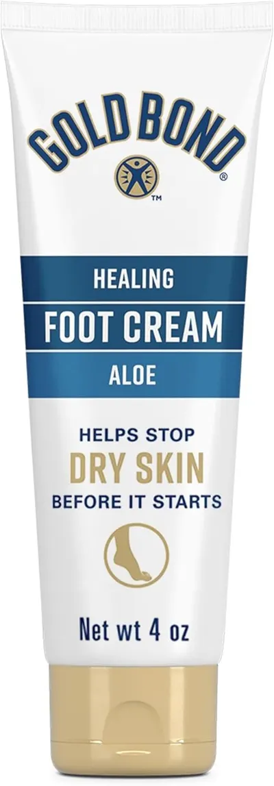 Displays the Gold Bond Healing Foot Cream product clearly on a white background, allowing shoppers to see the packaging design, brand, product type, and key benefit of stopping dry skin. Shows the…