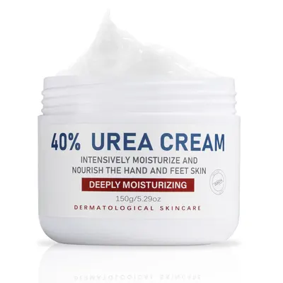 Displays the core product—a jar of 40% urea cream—with clear labeling to communicate its intensive moisturizing benefits for hand and feet skin, reassuring shoppers of its dermatological quality and…