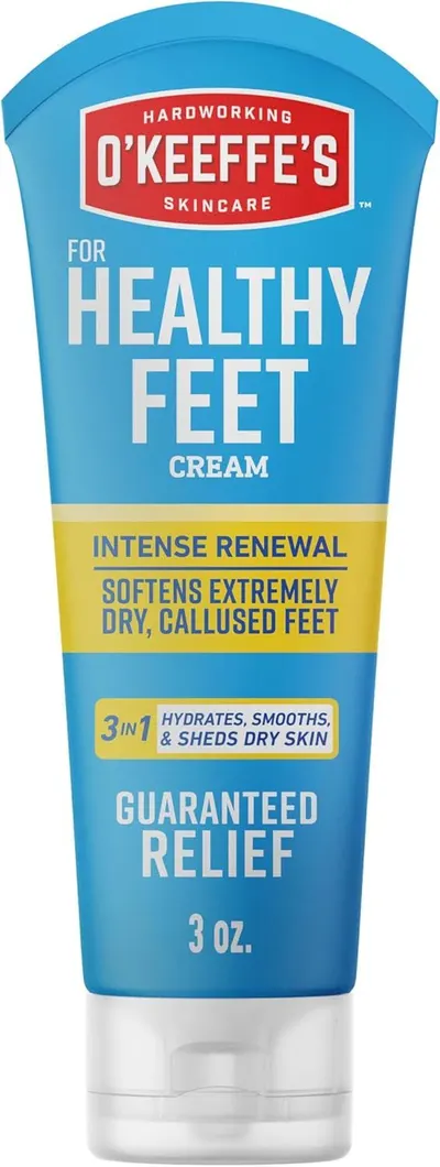 Displays the O'Keeffe's Healthy Feet Cream tube clearly on a white background, allowing shoppers to see the product packaging, branding, and key benefits like intense renewal and guaranteed relief…