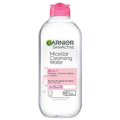 Displays the core product clearly on a white background to show shoppers exactly what they will receive, emphasizing the Garnier SkinActive micellar water bottle with its pink flip-top cap and…
