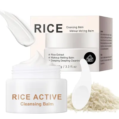 Displays the core product—a rice-based cleansing balm—with its packaging and jar to communicate the product identity, key ingredient, and makeup-removing function. Shows the retail packaging…