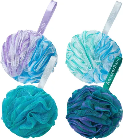 Displays the core product, bath loofahs in various color combinations, clearly showing the mesh texture and hanging loop design to help shoppers understand what they are purchasing. Shows four…