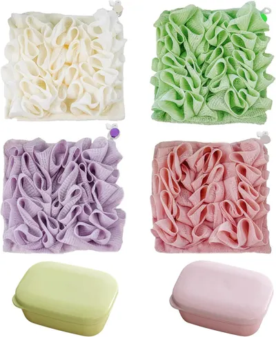 Shows multiple color options available for the bath sponge product, allowing shoppers to see the variety of colors they can choose from. Displays the core product—textured bath sponges with their…