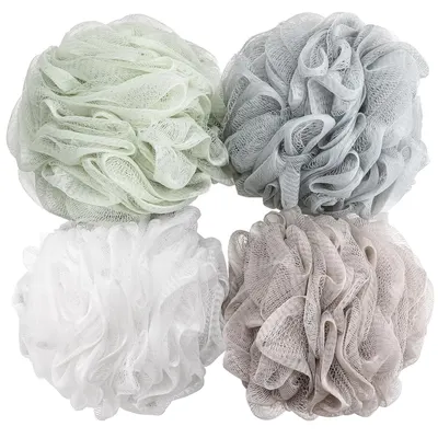 Shows the core product—a set of four bath loofahs in different neutral colors—clearly displayed on a white background to help shoppers see exactly what they will receive. Displays multiple color…
