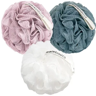 Displays the core product (bath loofahs) clearly on a white background to show shoppers exactly what they will receive. Shows three distinct color options (pink, teal, white) available for…