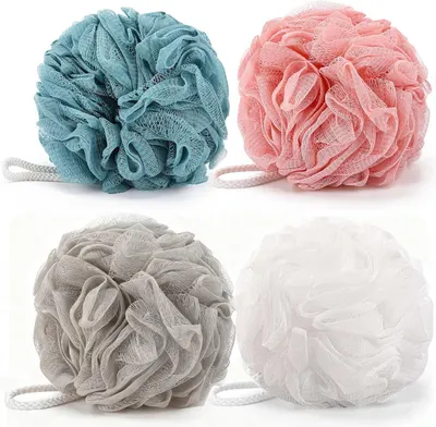 Displays the core product (bath loofahs/shower puffs) clearly on a white background to show shoppers exactly what they are purchasing. Shows four distinct color options (blue, pink, gray, white)…