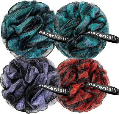 Shows the core product—a set of four bath loofahs in different colors (teal, blue, red)—to communicate what the buyer receives and the color options included in the purchase. Displays multiple color…