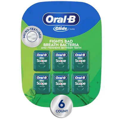 Shows the core product—a 6-count multi-pack of Oral-B Glide Scope mint floss—clearly displayed on retail packaging to communicate what the shopper will receive. Displays the retail packaging with…