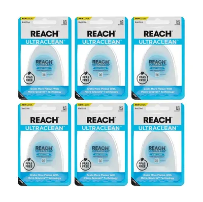 Shows the core product in a 6-pack configuration, clearly displaying the REACH ULTRACLEAN mint floss in retail packaging to communicate what the buyer will receive. Displays the actual retail…