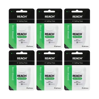 Shows the core product in a 6-pack configuration, clearly displaying the REACH Mint Waxed dental floss packaging so shoppers can see exactly what they will receive. Displays the retail packaging…