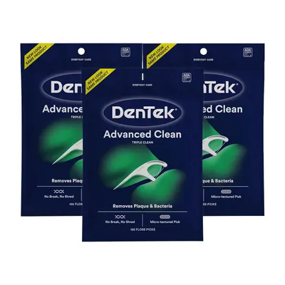 Shows the core product packaging for DenTek Advanced Clean floss picks, communicating the key features of triple clean technology, micro-textured picks, and durability to help shoppers understand…