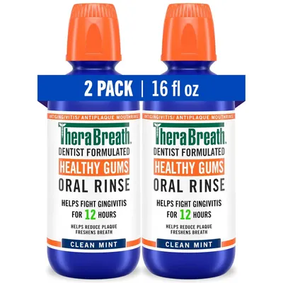 Shows the core product as a 2-pack bundle of TheraBreath Healthy Gums Oral Rinse, clearly displaying the bottles and key product information to help shoppers understand what they are purchasing.…