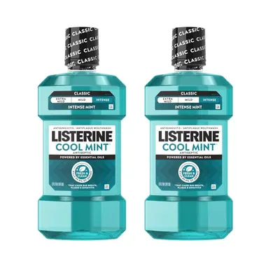 Shows two bottles of Listerine Cool Mint mouthwash to communicate the multi-pack offering, allowing shoppers to clearly see the product packaging, branding, and intensity level.