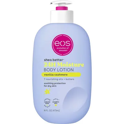 Displays the core product clearly on a white background to show the bottle design, pump dispenser, brand identity, and key product benefits including 24-hour moisture and vanilla cashmere scent.…