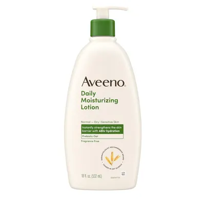 Displays the core product clearly on a white background, showing the Aveeno Daily Moisturizing Lotion bottle with its pump dispenser, brand name, and key product information to help shoppers…