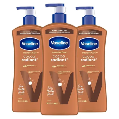 Shows the core sellable product—a 3-pack of Vaseline Intensive Care Cocoa Radiant lotion bottles—clearly displayed on a white background for catalog clarity.