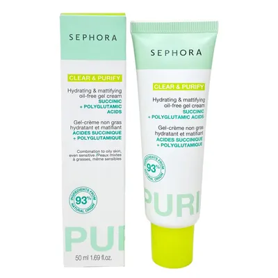 Displays the Sephora Clear & Purify gel cream product clearly with its packaging to show shoppers exactly what they will receive and communicate the key ingredients and benefits. Shows the retail…