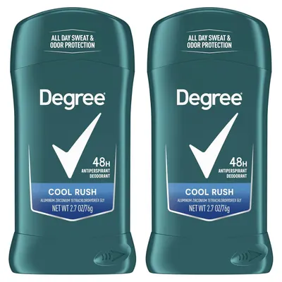 Shows two units of the Degree antiperspirant deodorant to communicate that this is a multi-pack purchase, highlighting the 48-hour protection and Cool Rush variant.
