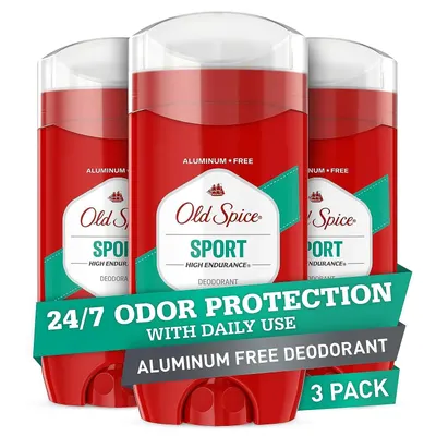 Shows the core product as a 3-pack of Old Spice Sport High Endurance deodorant sticks, emphasizing the aluminum-free formula and 24/7 odor protection to reassure shoppers of the product's…