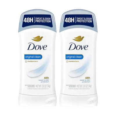 Shows two units of Dove Original Clean antiperspirant deodorant to communicate this is a multi-pack purchase, highlighting the 48-hour sweat and odor protection and moisturizing benefits.