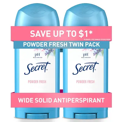 Shows the core product—a twin pack of Secret Powder Fresh antiperspirant deodorant sticks—clearly displaying the brand, scent, and key features to help shoppers identify what they are purchasing.…