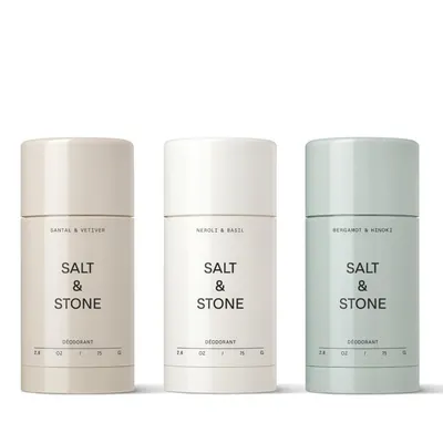 Displays three deodorant variants in different scents to show the product line and help shoppers understand the available fragrance choices. Shows three selectable scent options (Santal & Vetiver,…