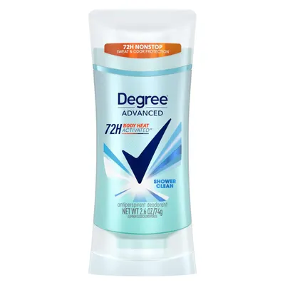 Displays the Degree Advanced antiperspirant deodorant stick clearly on a white background, allowing shoppers to see the product packaging, branding, and key features like 72-hour protection and…