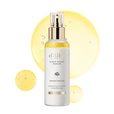Displays the core product clearly with its elegant packaging and gold spray pump to communicate premium quality and the hydrating, radiance-boosting benefits of the serum. Uses decorative yellow…