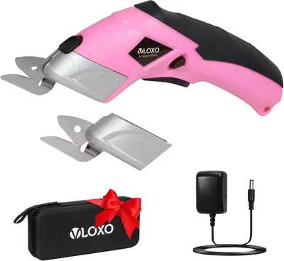 Displays the core product, a pink electric cordless scissors tool, clearly showing its design and form factor to help shoppers understand what they are purchasing. Shows all included accessories and…