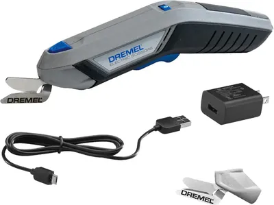 Displays the core Dremel electric scissors product clearly with its gray and blue design, showing the main tool that the shopper will receive. Shows all included accessories that come with the…