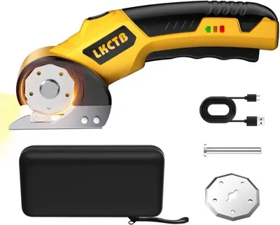 Displays the core product, a cordless rotary cutter tool with ergonomic grip, to show shoppers what they are purchasing. Shows all included accessories such as USB charging cable, protective storage…