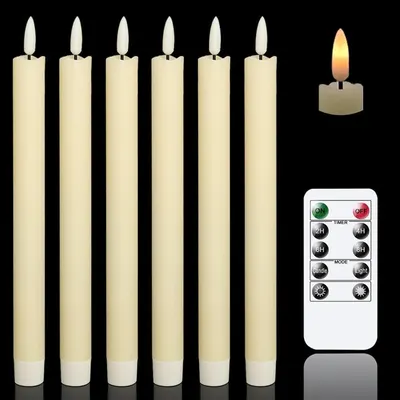 Displays the core product set of six flameless LED taper candles with remote control, showing both the unlit candles and a lit example to demonstrate the realistic flame effect. Uses a dramatic…