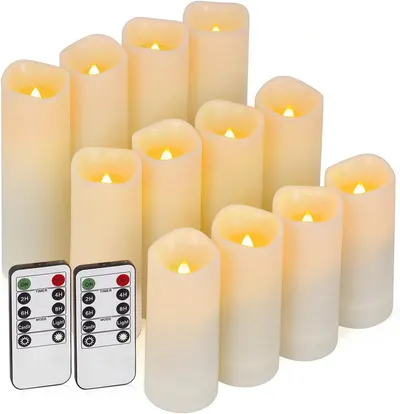 Displays the complete set of LED flameless candles in various heights to show the buyer exactly what is included in the purchase and demonstrate the variety of sizes available for decorating. Shows…
