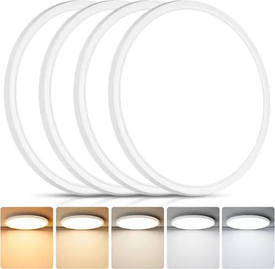 Shows multiple units of the ceiling light fixture to communicate that this is a multi-pack purchase, providing quantity value to the shopper. Demonstrates the available color temperature options…