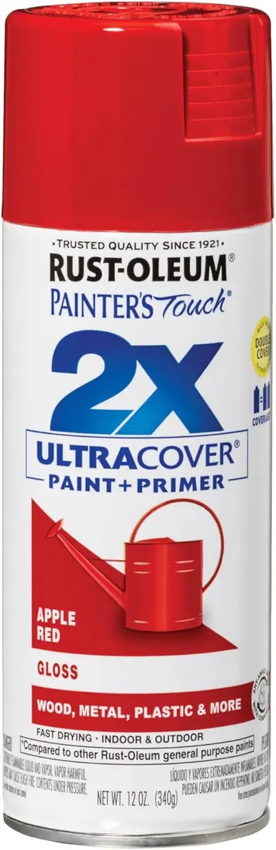 Shows the core sellable product, a Rust-Oleum spray paint can in Apple Red color, allowing shoppers to see exactly what they will receive. Displays the complete retail packaging with all product…