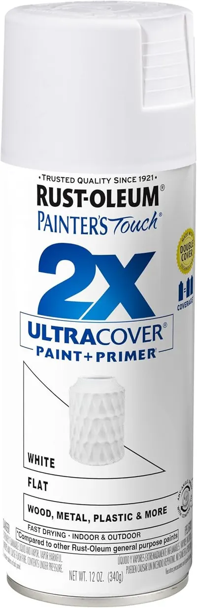 Shows the core product, a Rust-Oleum spray paint can, clearly displaying the brand, product line, and key feature of 2X coverage to communicate quality and efficiency to shoppers.